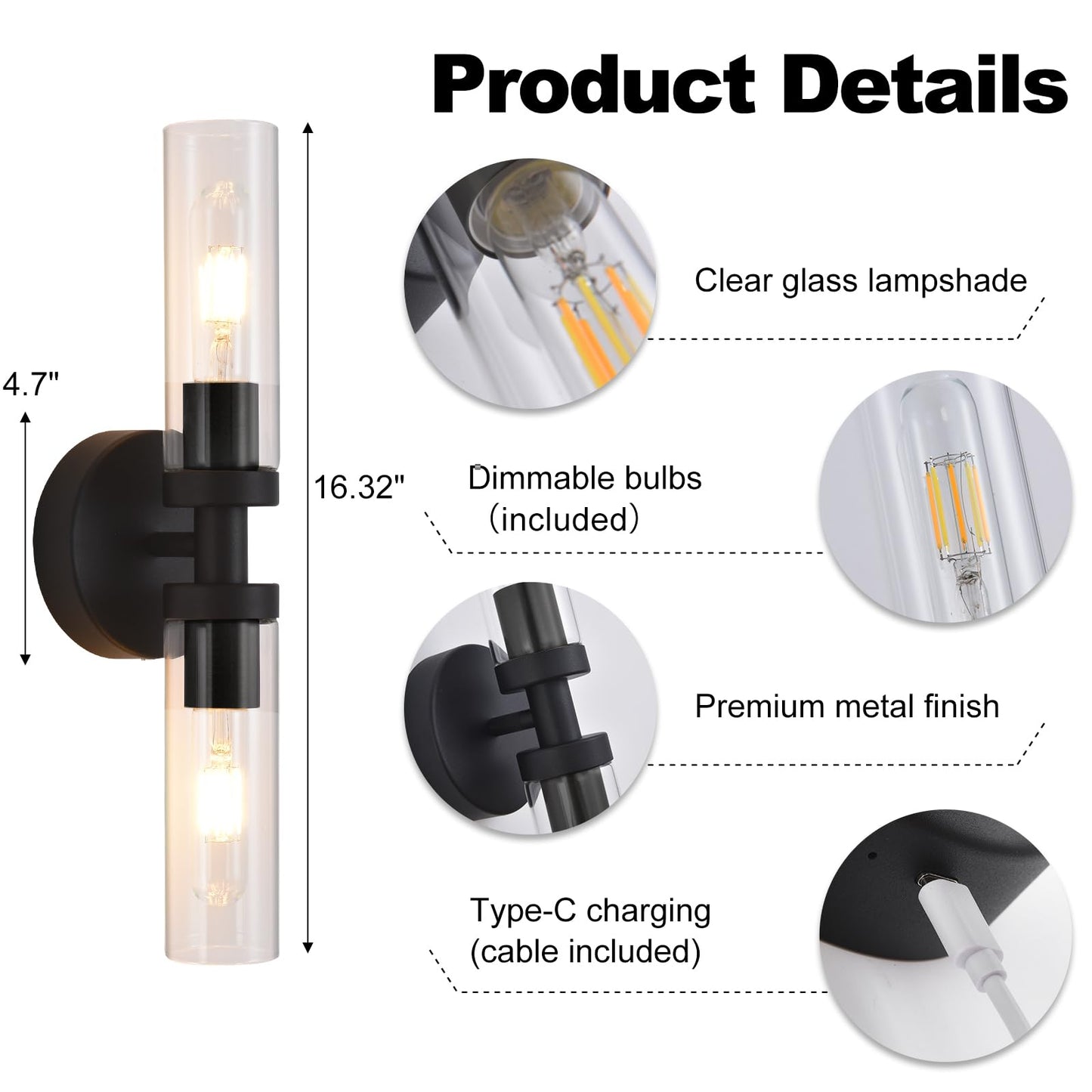 Battery Operated Wall Sconces Set of 2, 330° Rotation 3000K-6000K Dimmable Wireless Wall Sconce with Clear Glass 10400mAh USB Rechargeable Wall Lights with Remote Bulbs Included (Black-2Pack)