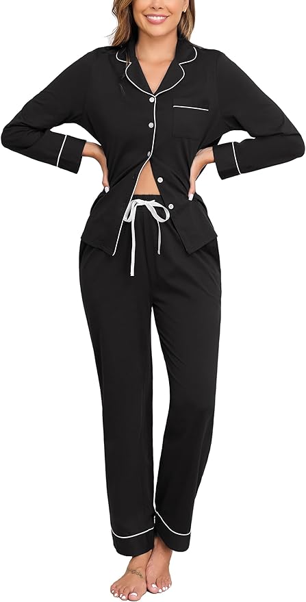 Veseacky 100% Cotton Pajamas for Women Set Long Sleeve Button Down Sleepwear Soft Pjs Lounge Sets with Pockets XS-XXL
