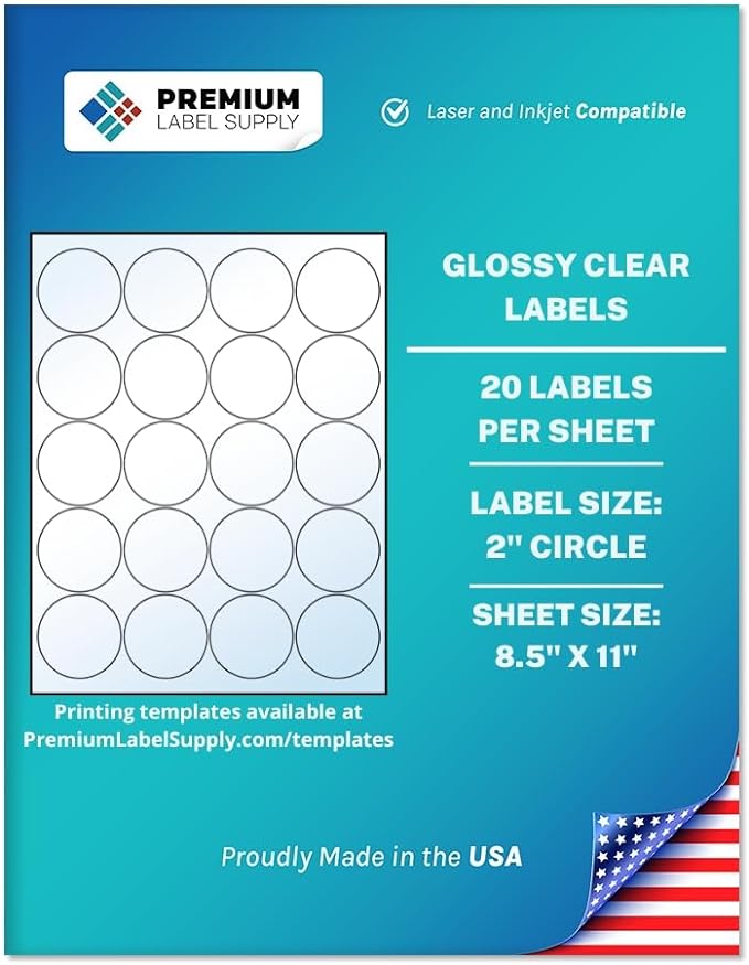 Premium Label Supply Glossy Clear Sticker Round Labels – 2" Circle – Laser/Inkjet Compatible – (20 per Sheet), 25 Sheets – 500 Total Adhesive Labels