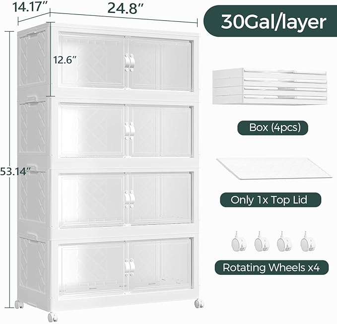 120Gal Stackable Storage Bins with Lid and Wheels, 480QT Plastic Collapsible Storage Boxes with Doors, Closet Organizer and Storage Cabinet for Home Kitchen Office Dorm Room, 4Pack White