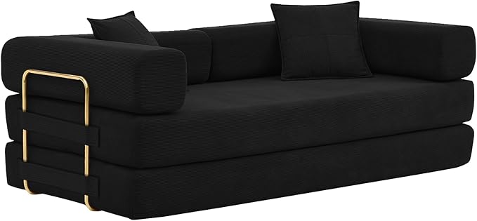 Convertible Couch Sofa Bed Foldable Floor Sleeper | Modern Fold Out Deep Seat Couch | Removable Backrest & Armrests | No Assembly Compression Sofa Sleeper for Living Room, Bedroom | Black Corduroy