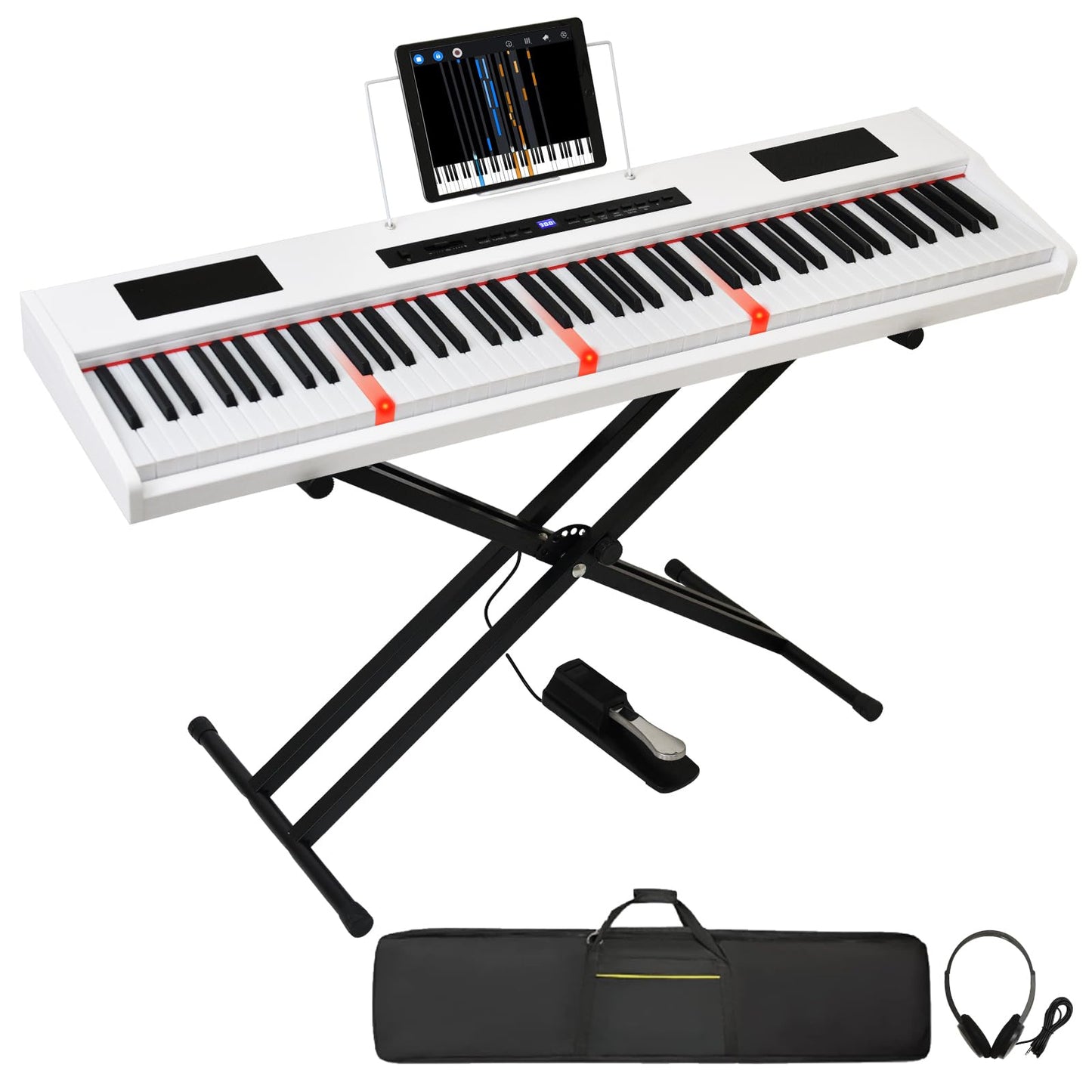 MSTNE Digital Piano 88 Key Semi Weighted Keyboard, Piano Keyboard 88 Key for Beginners with Lighted Up Keys, Portable Electric Piano with Adjustable Stand,Carrying Case,Sustain Pedal,Headphone (White)