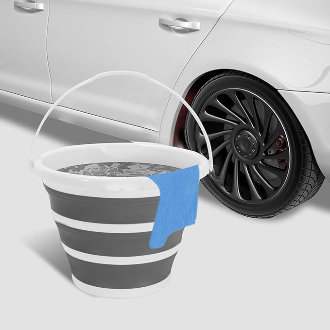 Collapsible Bucket with Handle, 2.6 Gallon Foldable Water Bucket for Car Wash, Cleaning, Camping and Outdoor, Gray and White