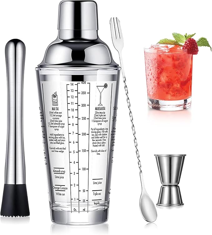 OBALY Glass Cocktail Shaker Stainless Steel Leak-Proof Lid Boston Shaker Martini Shaker Beginner Bartender Kit with Jigger...