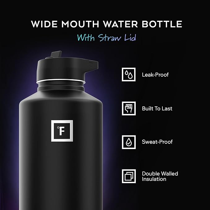 IRON °FLASK Camping & Hiking Hydration Flask with Straw, Wide Mouth Insulated Stainless Steel Sports Water Bottle - 64 oz Blue Waves