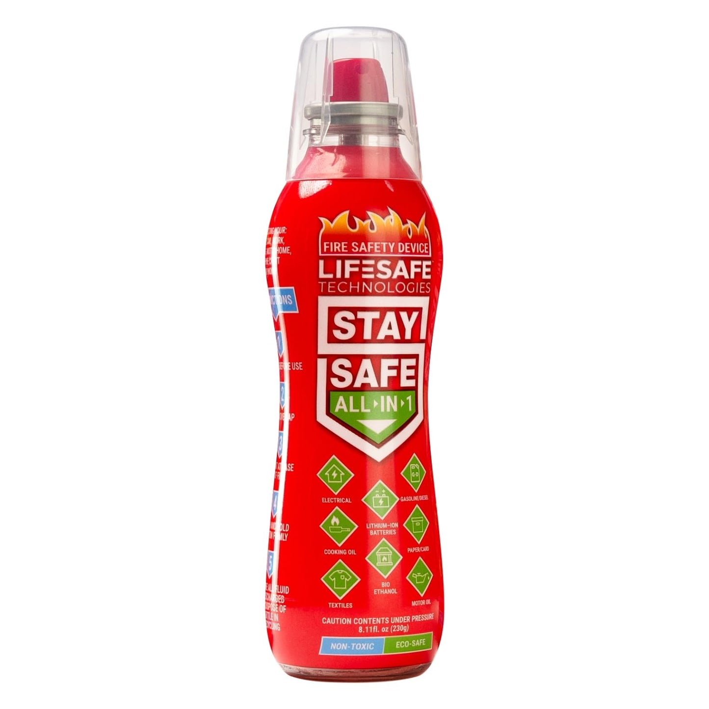 LifeSafe Technologies StaySafe All-in-1 Portable Fire Extinguisher, Compact Fire Spray Easy to use on 10 Types of Fires, Non-Toxic & Eco-Friendly