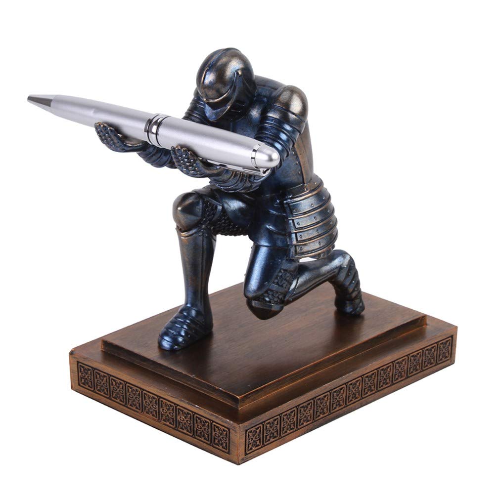 Amoysanli Knight Pen Holder Desk Organizers and Accessories Desk Decor Resin Pen Holder as Gift with a Cool Pen for Office and Home (Blue)