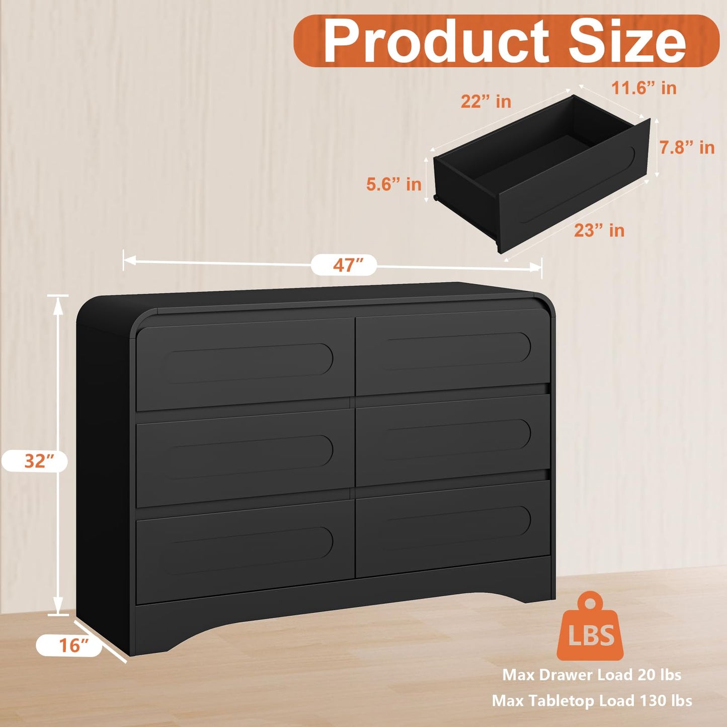 Black Dresser, 47" Wide 6 Drawers Dressers & Chest of Drawers with Pre-installed Slide&Curved Profile Design, Wood Closet Clothes Storage Dressers Organizer for Bedroom Living Room Hallway