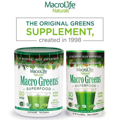 MacroLife Macro Greens Powder 38 Superfood Probiotics Antioxidants Digestive Enzymes & Adaptogen Supplement - Daily Super Green Juice & Smoothie Mix - Non-GMO Vegan Gluten-Free - 10oz (30 Servings)