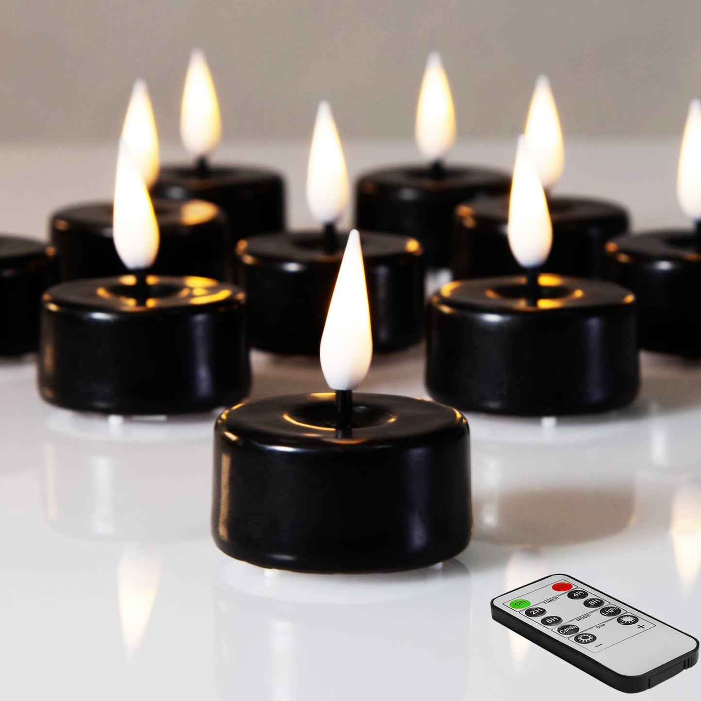Eywamage Black Flameless Wax Tealights with Remote Batteries, Flickering LED Halloween Tea Candles Set of 10