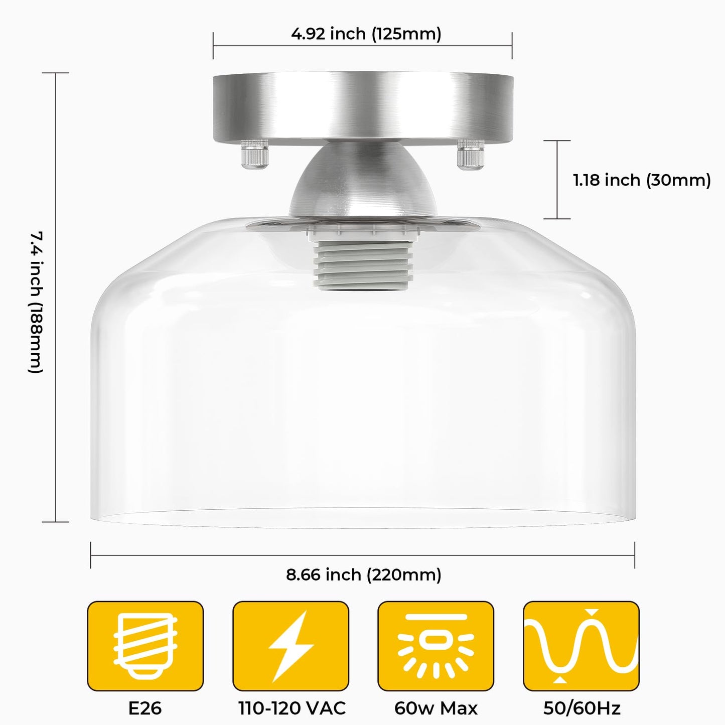 LACCEN Semi Flush Mount Ceiling Light Silver, Clear Glass Pendant Lamp Shade, Modern Farmhouse Light Fixture for Hallway Corridor Kitchen Entryway Bedroom, Bulb Not Included