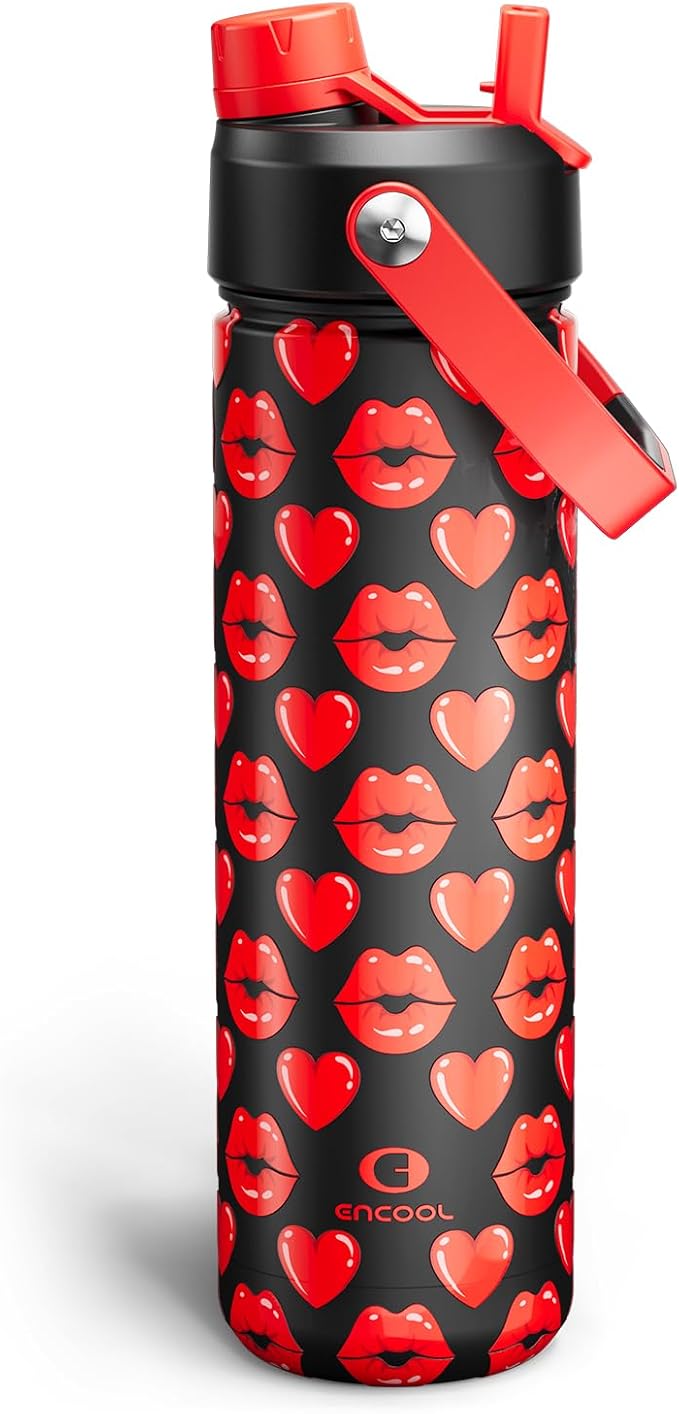 ENCOOL Valentine's Day Insulated Water Bottle with Straw Stainless Steel Water Bottle, Leak-Proof, BPA-Free, Keeps Cold for 24 Hours for Sports, Travel, School (26 oz, Kiss Hearts Red x Black)
