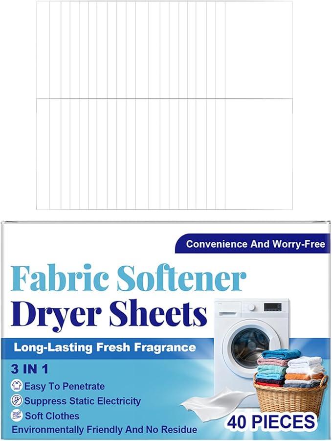 Fabric Softener Dryer Sheets, Scented & Refreshing, 1box/40 Pieces, Static Cling and Wrĭnkle Reducer Gentle Fabric Care, Clothes Softening Dryer Sheets, Versatile Use, for Clothes, Towels, Bedding
