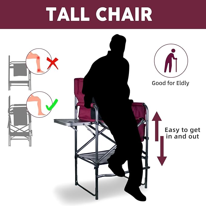Tisetrail Tall Directors Chair 30" Seat Height, Bar Height Folding Chair with Side Table, Foldable Camping Chair with Side Pocket for Makeup Artist, Sports Event, Supports 400LBS - Wine Red/Black