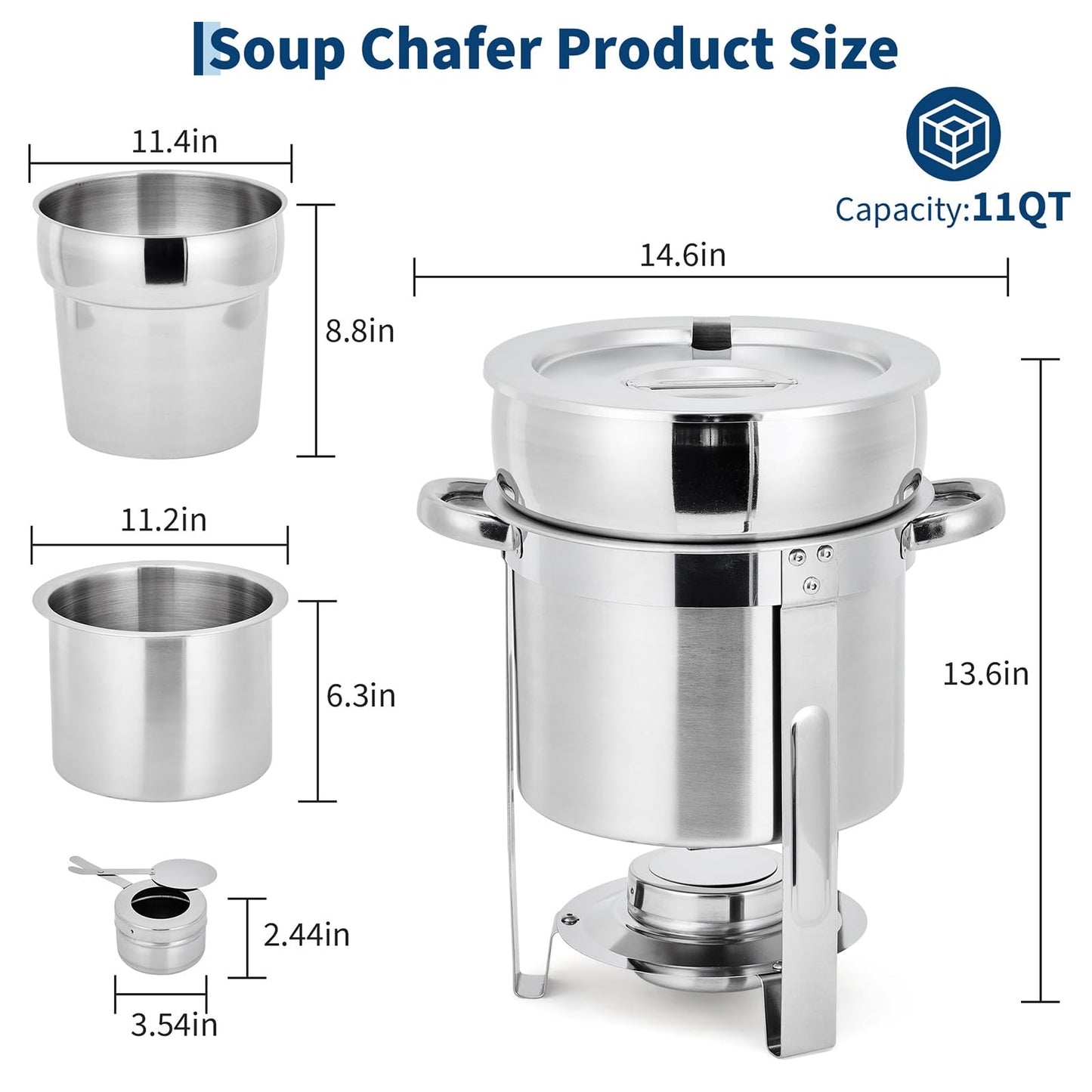 GarveeHome 11QT Soup Chafer Set of 4, Stainless Steel Round Soup Warmer with Pot, Notched Lids & Fuel Holders, Commercial Food Warmer for Buffets, Events and Party Service