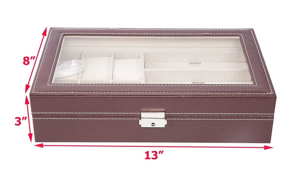 AUTOARK Leather 6 Watch Box Jewelry Case and 3 Piece Eyeglasses Storage and Sunglass Glasses Display Case Organizer,Brown,AW-020