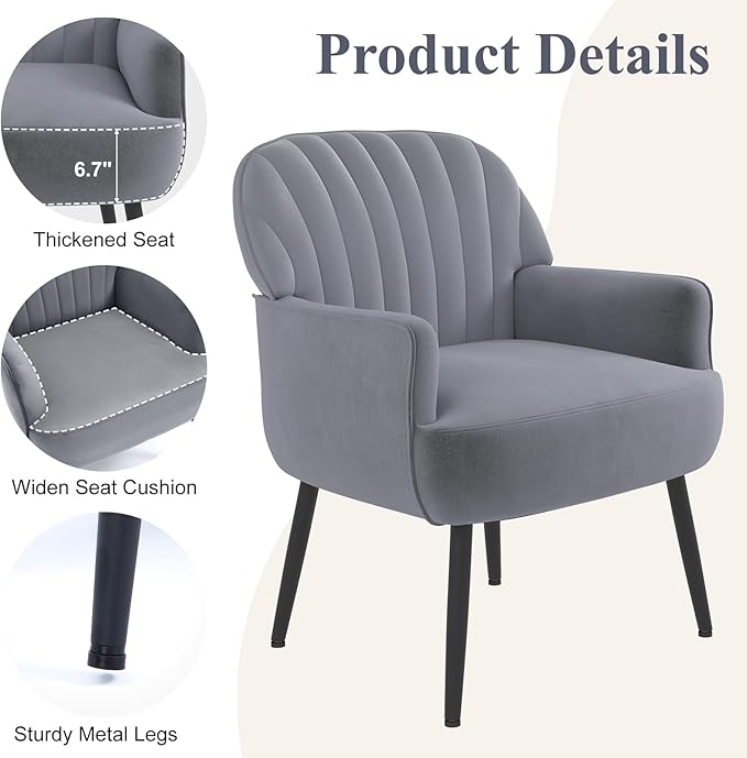 Holiway Velvet Accent Chair, Upholstered Modern Leisure Single Sofa Side Chair, Comfy Tufted Back Armchair with Metal Legs for Living Room/Bedroom/Office/Reading Room, Grey