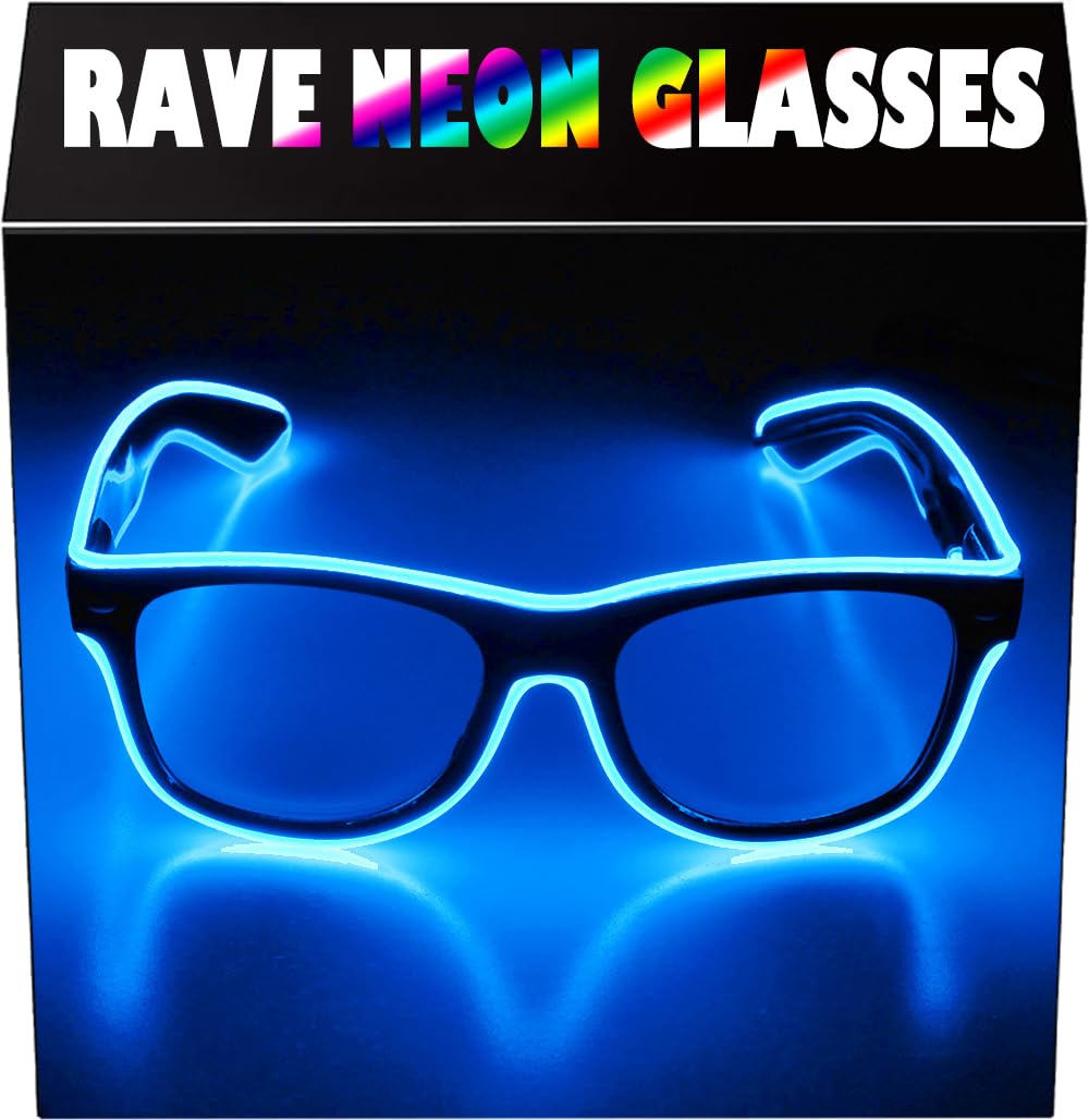 Aquat Light up EL Wire Neon Rave Glasses Glow Flashing LED Sunglasses Costumes For Party, EDM, Halloween, Wired with Battery Power RB01 (Blue, Black Frame)