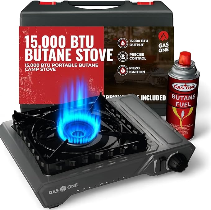GasOne 15,000 BTU Portable Butane Camping Stove with Case: Automatic Ignition, Precise Heat Control - Camping & Tailgating...