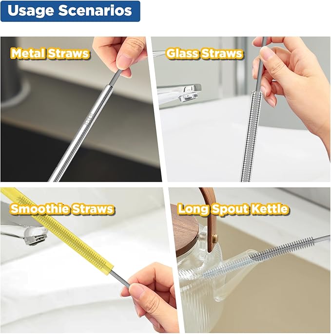 YOTIME Silicone Straw Cleaner Brush, 2Pcs Reusable Straw Brush Extra Long for Cleaning Tumbler with Handle and Glass Metal Smoothie Straws, Non-slip Handle Soft and Bendable, 6mm+9mm, Gray