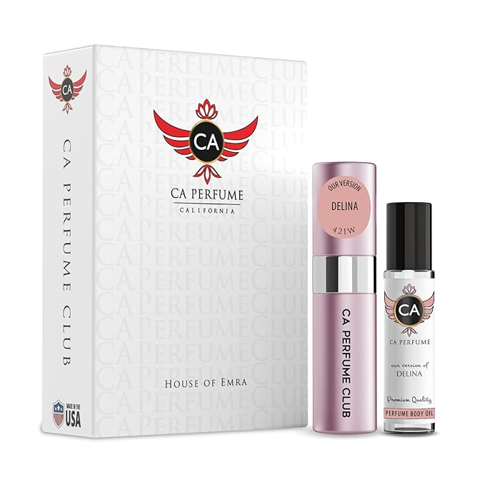 CA Perfume Duo Impression of Delina For Women Eau de Parfum Refillable Atomizer Sprayer + Fragrance Body Oil Long Lasting Sample Travel Size Roll-On Bottle 0.27 Fl Oz+0.33 Fl Oz