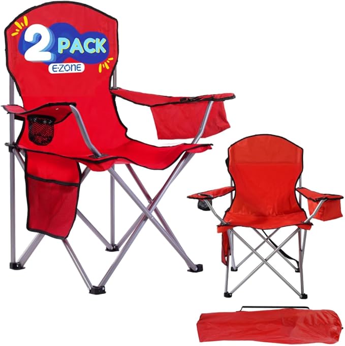 EZONE 2-Pack Camping Chairs with Built-in Ice Cooler, Portable Chair, Storage Pocket, Cup Holder, and Carry Bag Perfect for Camping, Tailgating, Fishing, Beach, and Lawn (2, Red)