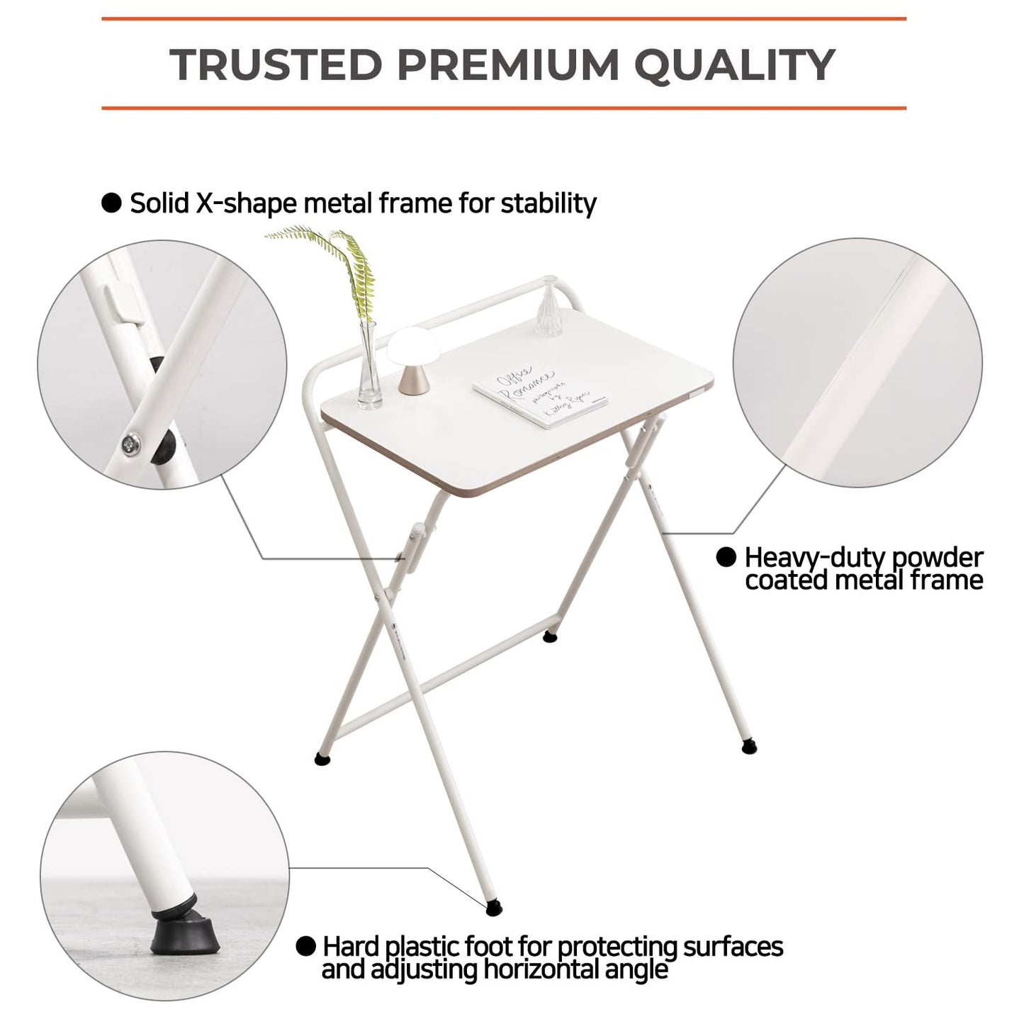 SOFSYS Modern Folding Desk for Small Space, Computer Gaming, Writing, Student and Home Office Organization, Industrial Metal Frame with Premium Desktop Surfaces, White/White