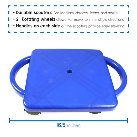 hand2mind Blue Indoor Scooter Board with Handles, Sit Down Floor Scooter, Gym Activities for Kids, Indoor Recess Games, Sport Scooters, Physical Education Equipment, Gross Motor Toys