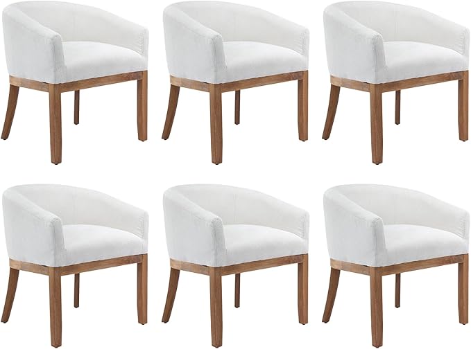 Shenyon Mid Century Modern Dining Chairs Set of 6, Upholstered Linen Fabric Dining Room Chairs with Arms and Solid Wood Legs, Comfy Barrel Accent Chairs for Dining Room, Living Room, or Cafe,Beige