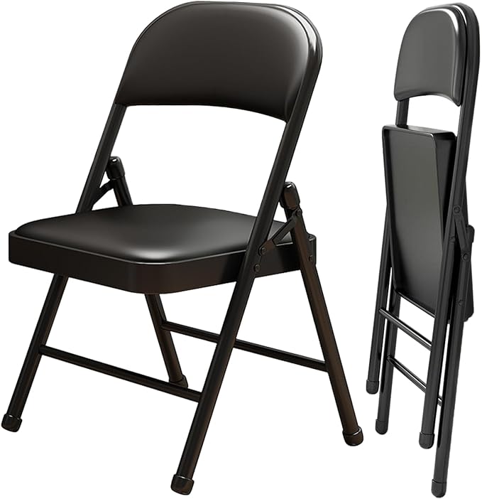 KAOCHA 2 Pack Folding Chairs with Leather Padded Cushion and Back, Metal Black Foldable Chair for Indoor Outdoor, Commerci...