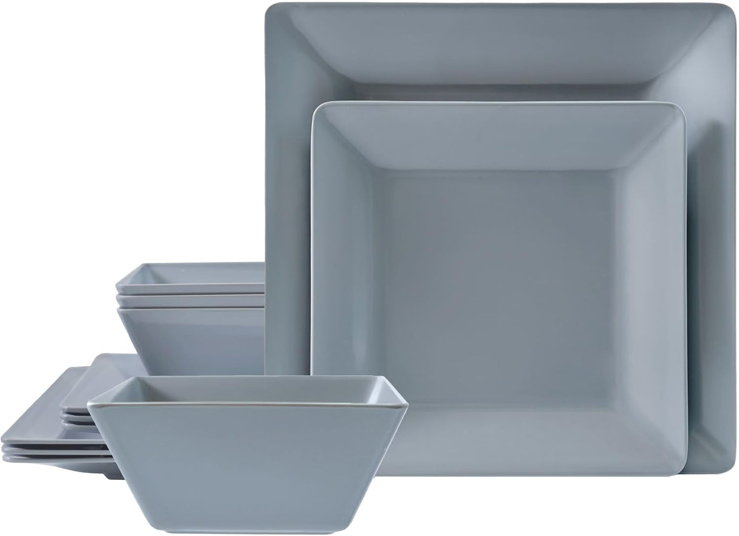 TP 12-Piece Dinnerware Set, Melamine Dishes Set with Bowls and Plates, Non-breakable and Lightweight Square Dinner Set for 4, Grey