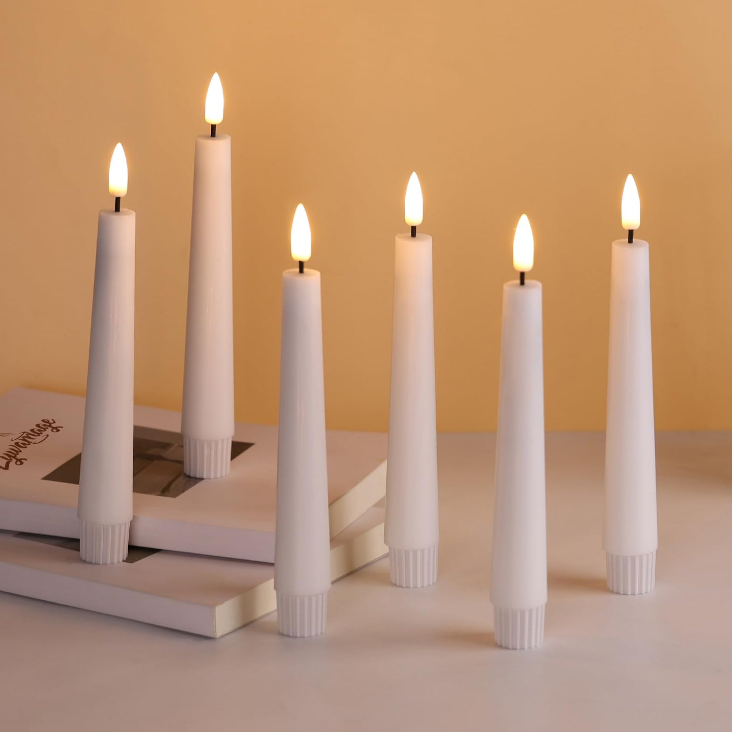 Eywamage Short White Flameless Taper Candles with Remote, Flickering Battery LED Wax Candlesticks Set of 6