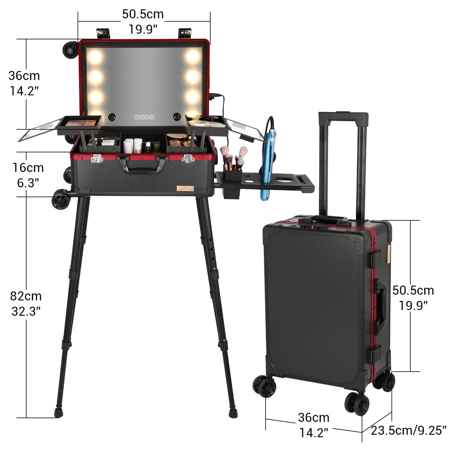 Tense Edano 20" Aluminum Ligthed Makeup Train Case with LED Lights Professional Cosmetic Organizer Studio with Speaker, Wheels and Stands Rolling Trolley Makeup Vanity Station for Travel (Black)