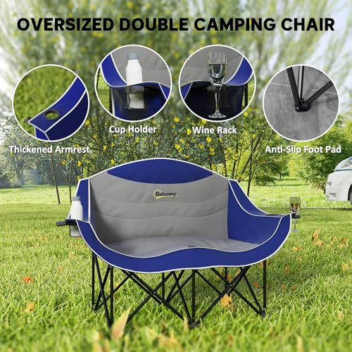 Outsunny Double Camping Chair for Adults, Padded Folding Camp Chair for 2 Person with Armrest, Wine Glass Holder, Cup Hold...