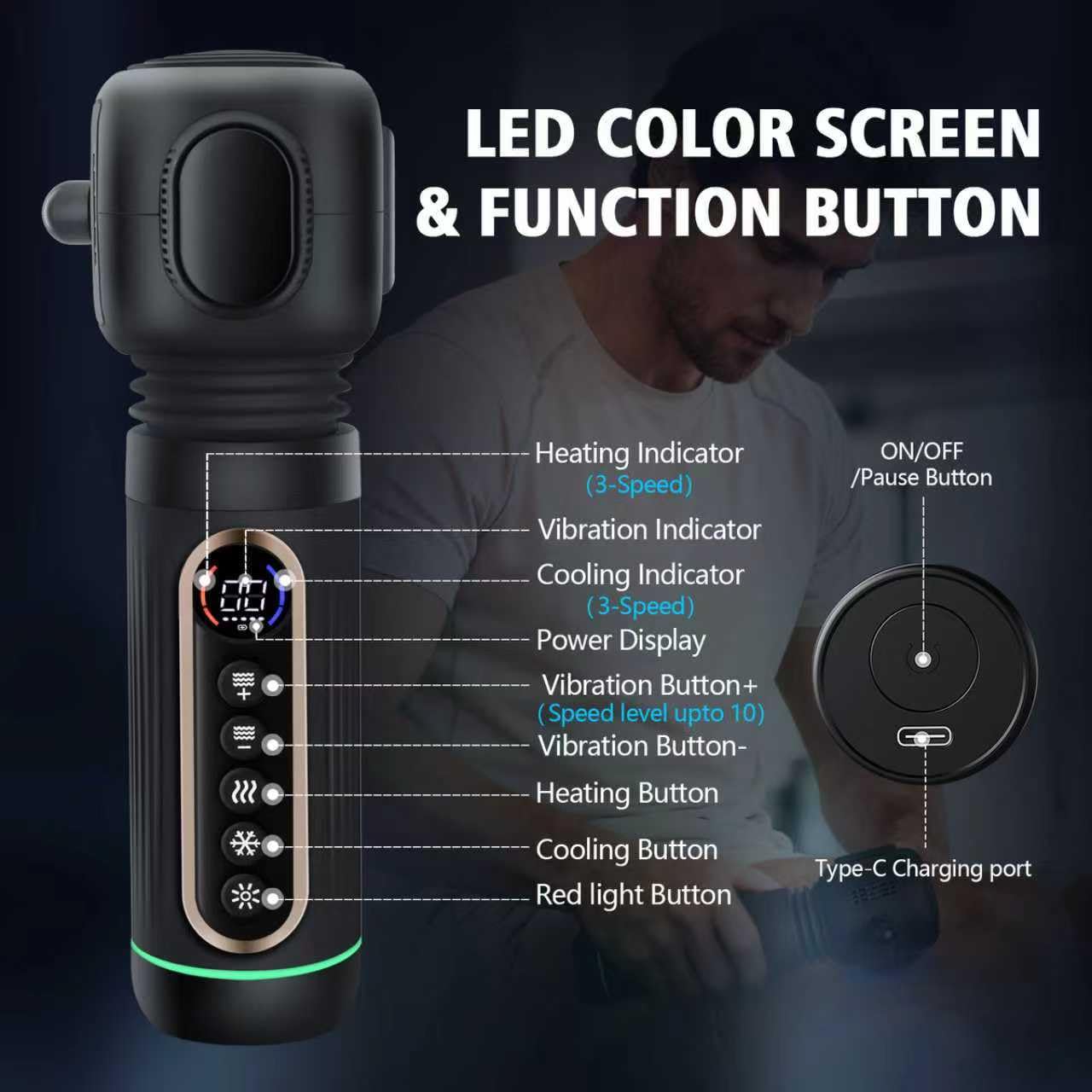 Handheld Vibrating Trigger Point Massage Gun with Heat and Cold & Red Light, Deep Tissue Vibration Massager for Full Body Pain Relief, Pressure Point Massage Tool -Gifts for Men & Women (Large)