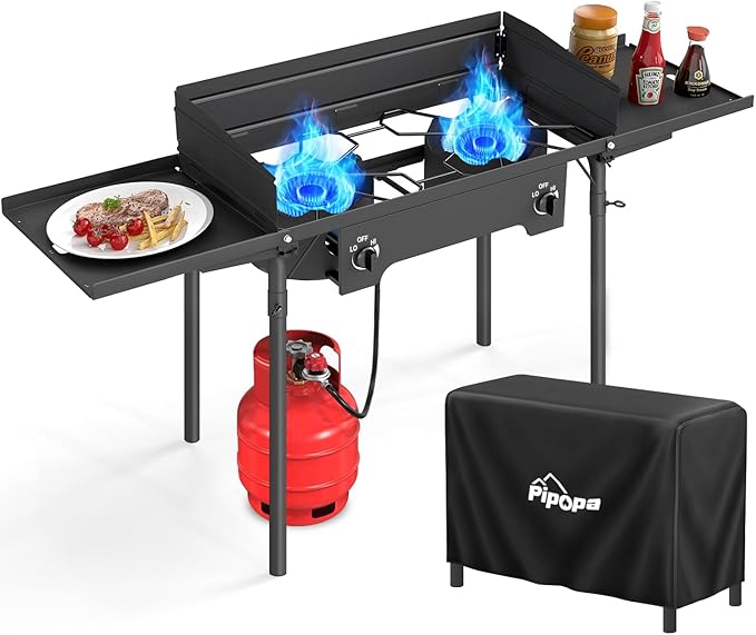 2 Burner Propane Camp Stove | 150,000 BTU Gas Burners | Side Shelves | Windscreen | Waterproof Cover | Detachable Legs | I...
