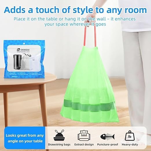 OKKEAI 2.6 Gallon Small Trash Bag, 60 Count Drawstring Green Heavy Duty Trash Bags, Tear-Resistant & Leakproof, Mini Wastebasket Liners for Bathroom, Office, Dorms
