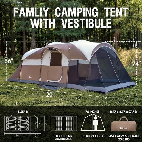 PORTAL 6/8/10 Person Family Camping Tent with Screen Room, Water Resistant Big Tunnel Tents with Rainfly, Large Family Ten...