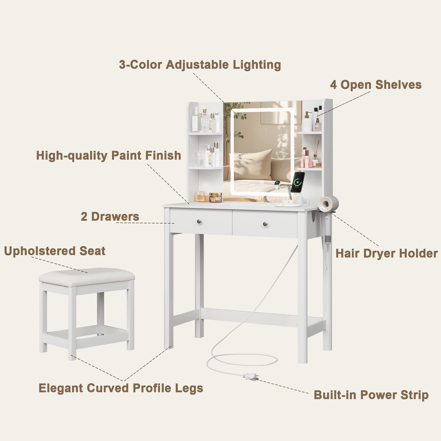ProsperHaven Vanity Desk with Mirror and LED Lights, Small Makeup Vanity Table Set with Drawers and Chair, Dressing Table with Power Outlet for Girls Bedroom, White
