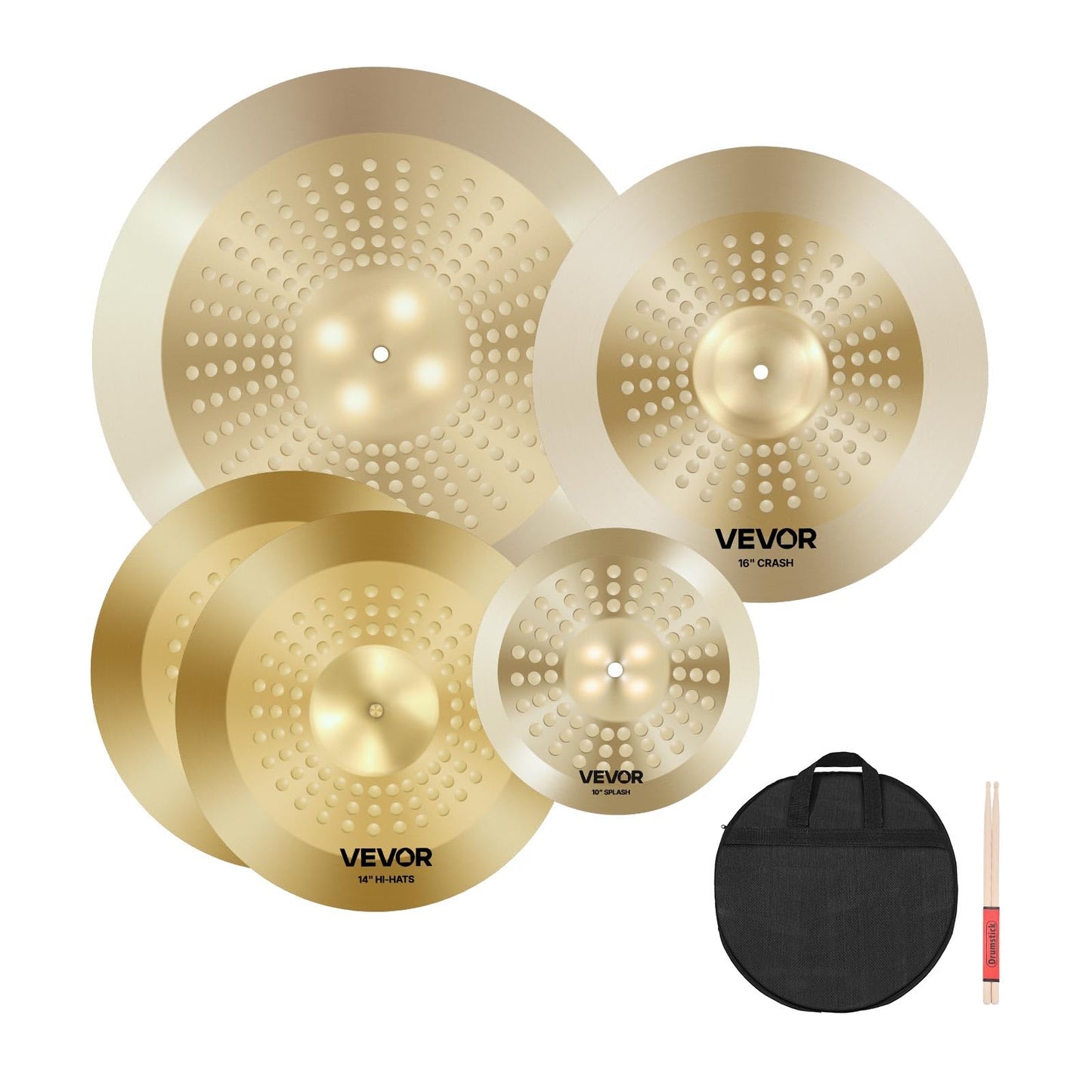 Vevor Cymbal Pack, 4 Pieces Cymbals For Drum Set, Alloy Cymbals Drum Set Includes 14-Inch Hi-Hats, 16-Inch Crash, 20-Inch Ride,