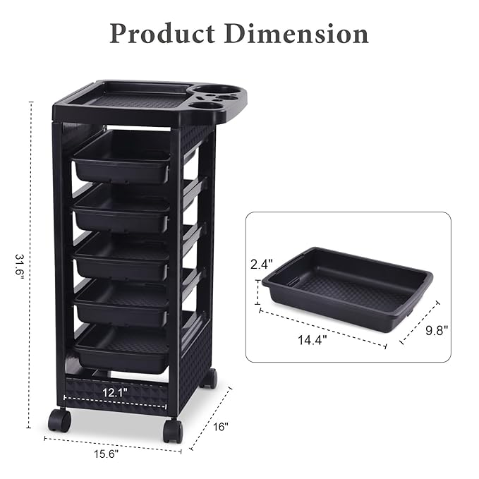 Paddie Black Salon Trolley Cart with Wheels/5 Drawers/Dryer Holder/Tint Bowl Slot for Hair Stylist, Beauty Equipment