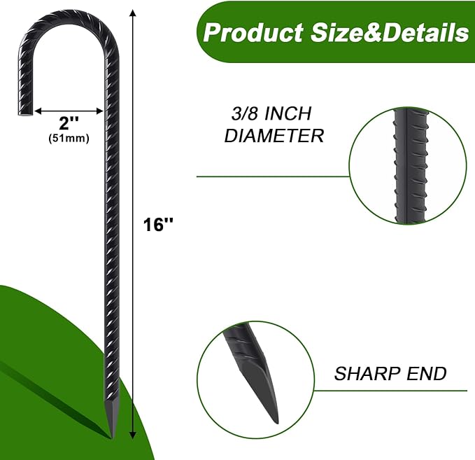 AAGUT Rebar Stakes 16 Inch J Hook Heavy Duty 24 Pack, 3/8 Inch Black Coated Metal Steel Ground Anchors Chain Link Fence Stakes for Camping Tent, Inflatables, Yard Decorations, Canopies & Swing Sets