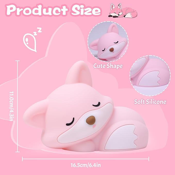 YuanDian Fox Night Light for Girls, Squishy Fox Silicone Lamp Novelty Gifts, Rechargeable Dimmable Timer Bedside Touch Nightlight for Breastfeeding Toddler Baby Kids