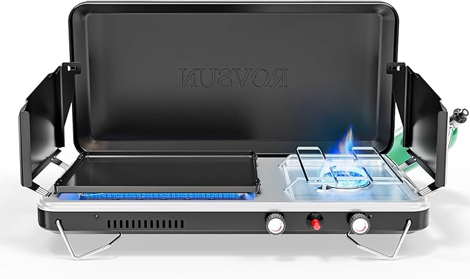 ROVSUN 2-in-1 Portable Camping Stove & Propane Grill with Enamel Griddle & Piezo Igniter, Tabletop Camp Stove with Built-i...