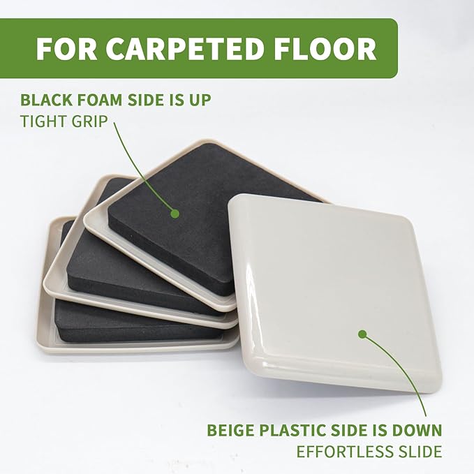 COVERCORNER Furniture Sliders for Carpet 8 PCS - 3 1/2 inch Furniture Moving Slider Chair Legs Floors Protectors Square Furniture Movers Sliders – Move Your Furniture Easy & Safely(for Carpet)