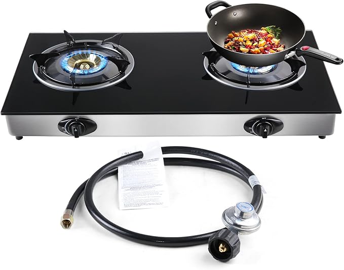 forimo Propane Gas Cooktop 2 Burners Gas Stove portable Tempered Glass Double Burners Stove Auto Ignition Camping Double B...