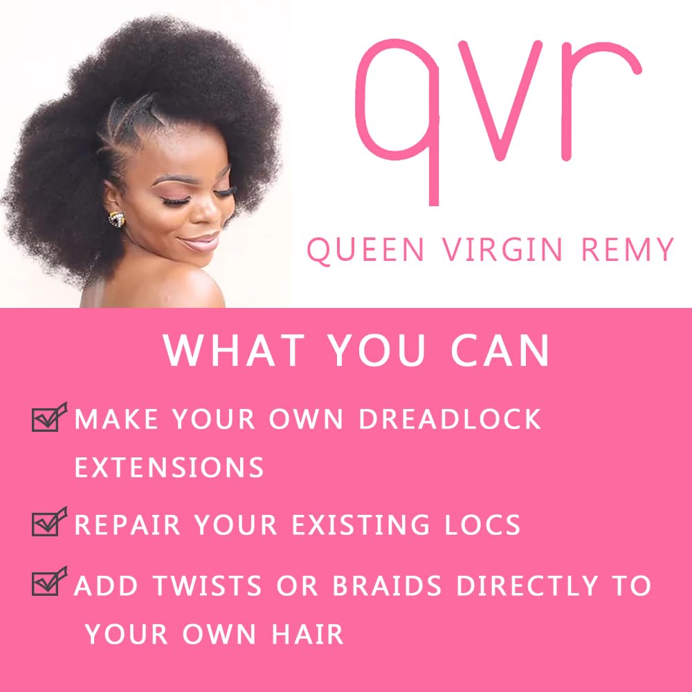 QUEEN VIRGIN REMY Afro Kinky Human Hair for Dreadlock Extensions, 16 Inch, Natural Black, 50g, Ideal for Locs and Braiding