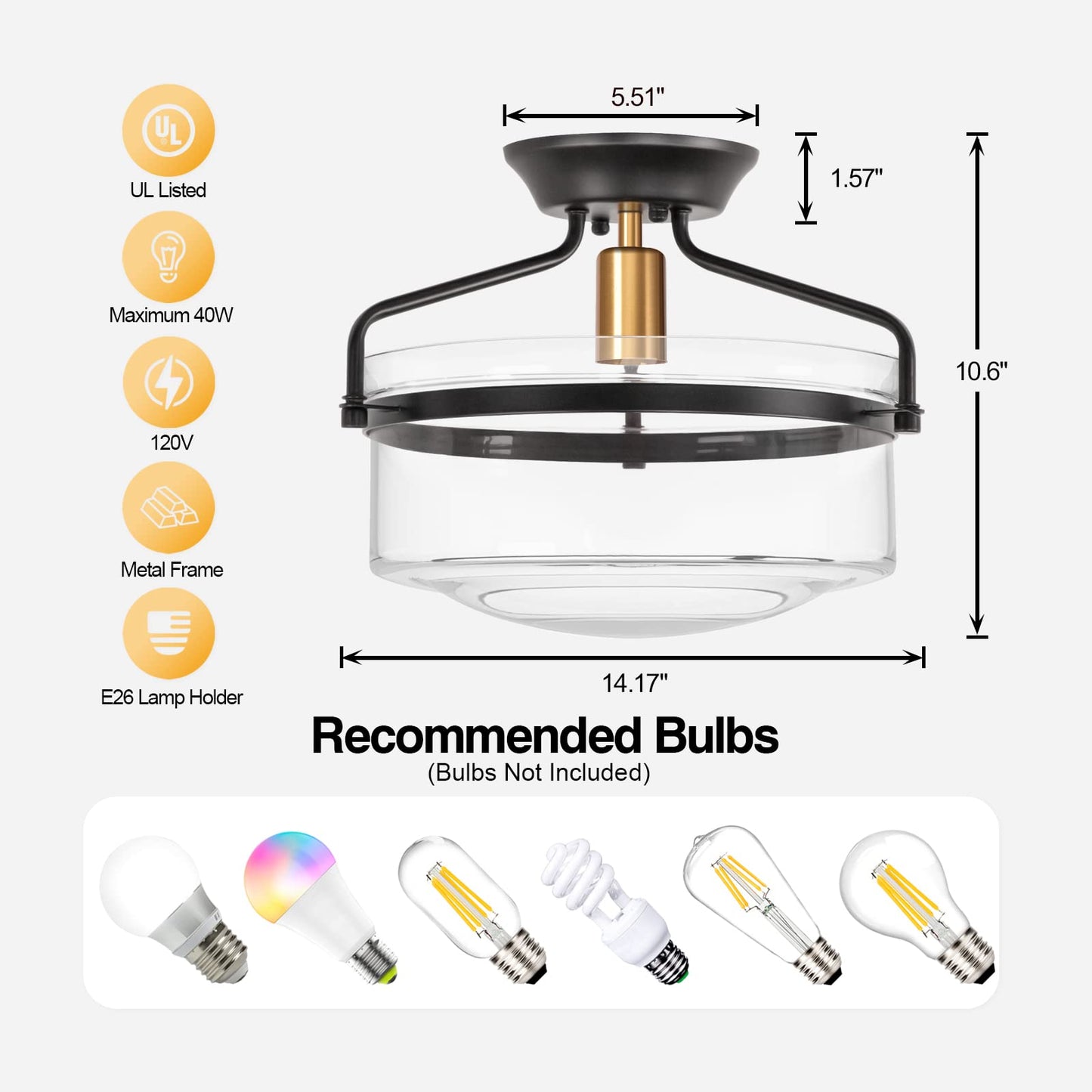 Ledsyonda Semi Flush Mount Ceiling Light, 14.2" Farmhouse Fixture, Industrial Black and Gold Finish With Clear Glass for Hallway, Porch, Kitchen
