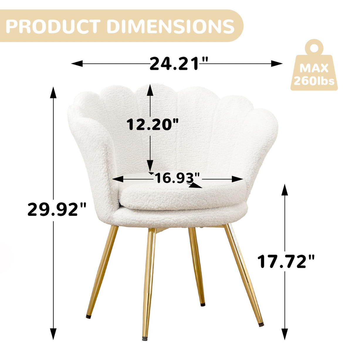 Czlolo Teddy Vanity Chair with Back, Mid-Century Modern Small Accent Chair for Living Room, Golden Metal Legs Upholstered Boucle Makeup Chair, 1Pcs Bedroom Armchair, White