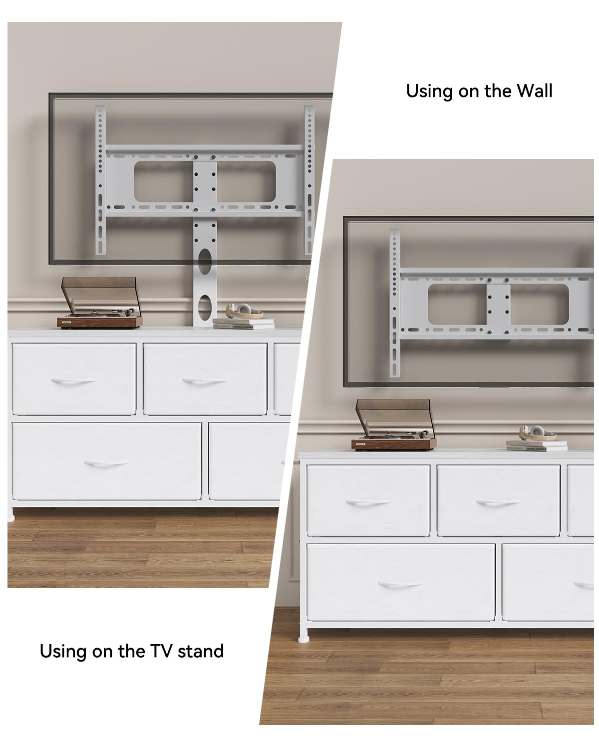DrawXynth TV Stand with Mount, Fabric Dresser with 5 Drawers for 32/45/55/60/65/75 inch TVs, White Dresser Entertainment Center, Modern Media TV Console Table